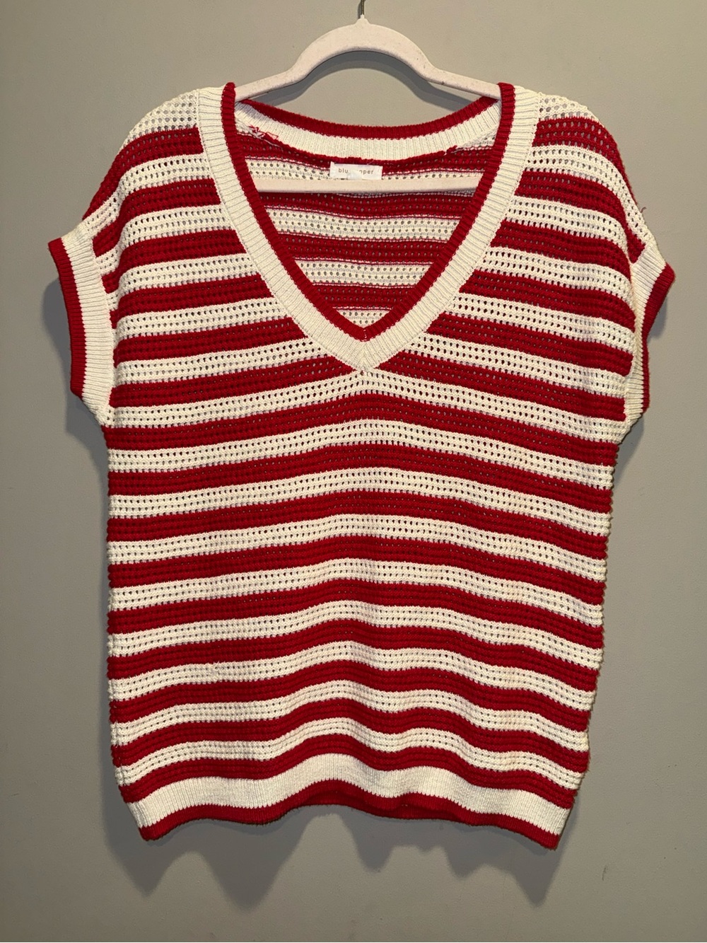 Blu Pepper Red & White Striped V-Neck Crochet Sweater